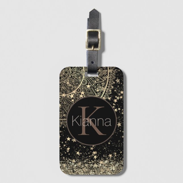 Étiquette À Bagage Mandala enchanteur avec Monogramme Gold Stars (Devant Vertical)