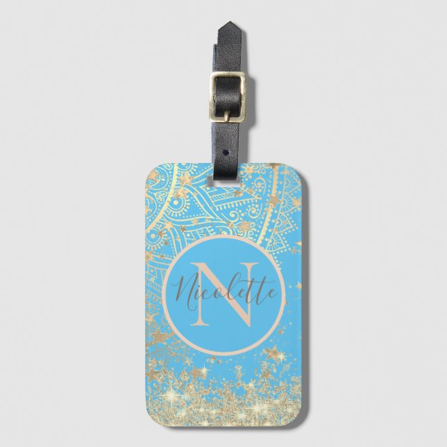 Étiquette À Bagage Mandala personnalisé avec Monogramme Gold Stars (Devant Vertical)