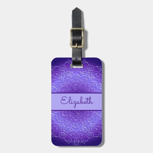 Étiquette À Bagage Mandala violet floral ethnique (Devant Vertical)