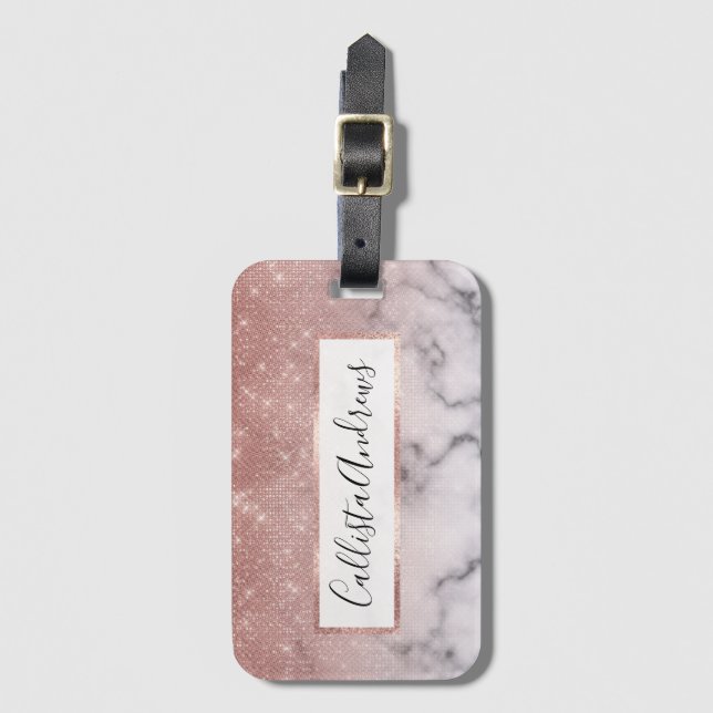 Étiquette À Bagage Marbre blanc de Parties scintillant rose Gold Sequ (Devant Vertical)