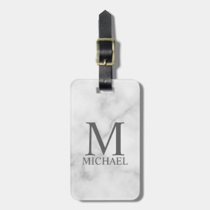 Étiquette À Bagage Marbre blanc Monogramme personnalisé et nom