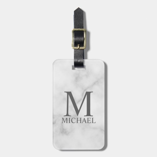 Étiquette À Bagage Marbre blanc Monogramme personnalisé et nom (Devant Vertical)