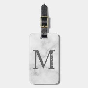Étiquette À Bagage Marbre blanc Monogramme personnalisé et nom