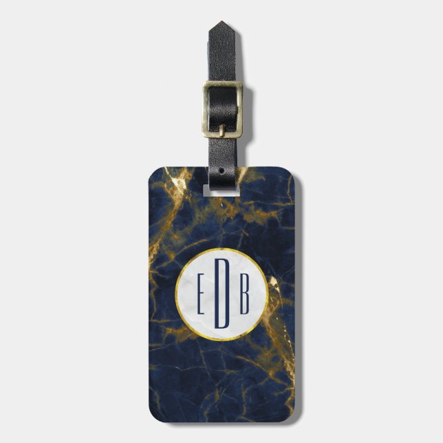 Étiquette À Bagage Marbre bleu marine et or Marbre moderne Monogramme (Devant Vertical)