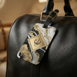Étiquette À Bagage Marbre d'agate en or noir Glam Diamant Monogramme