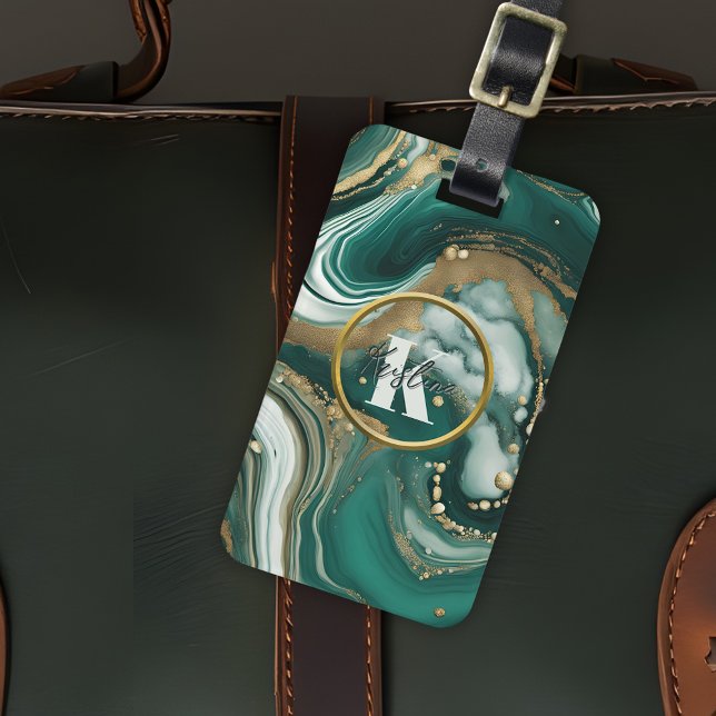 Étiquette À Bagage Marbre émeraude élégant avec Gold Initial et nom (Créateur téléchargé)