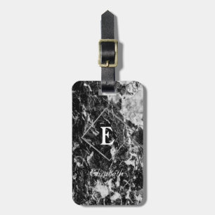 Étiquette À Bagage Marbre Noir Tendance, Cadre Monogramme-Personnalis
