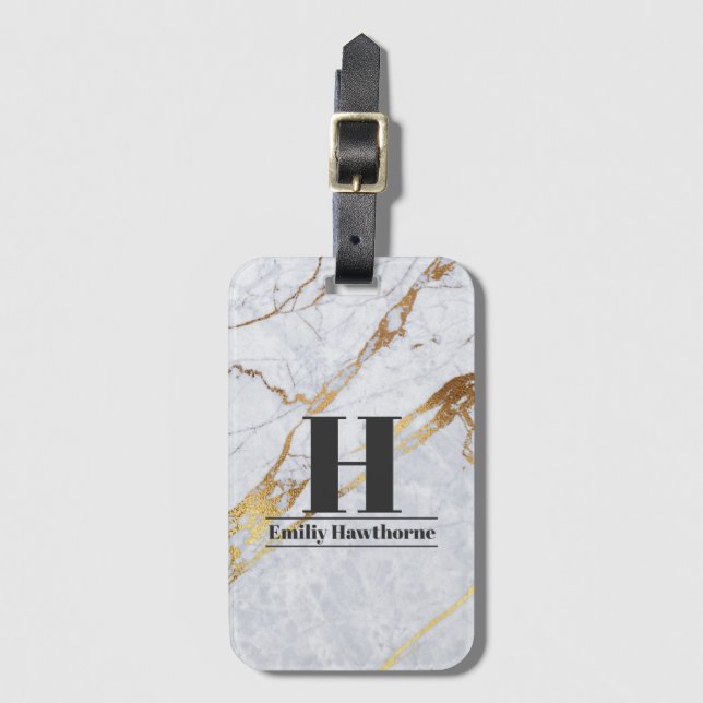 Étiquette À Bagage Marbre or personnalisé Monogramme Nom Bagage Balis (Devant Vertical)