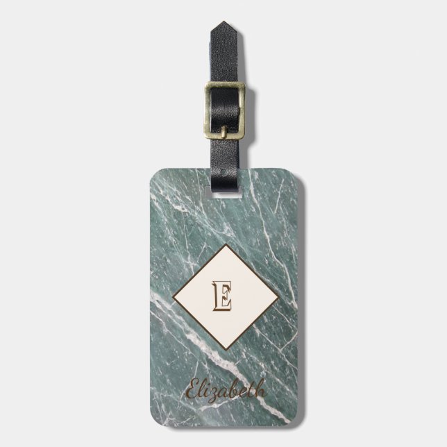 Étiquette À Bagage Marbre vert tendance, Monogramme personnalisé (Devant Vertical)