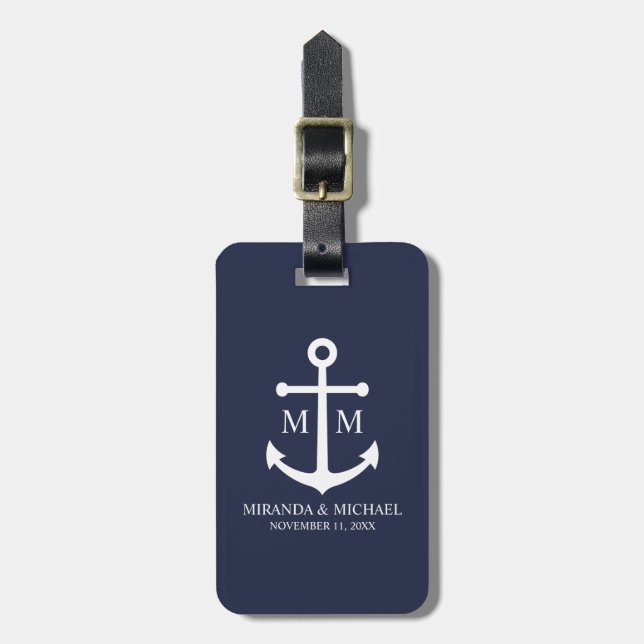 Étiquette À Bagage Mariage à l'ancre bleu marine nautique (Devant Vertical)