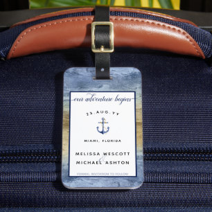 Étiquette À Bagage Mariage bleu et or Enregistrer la date