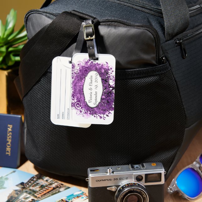 Étiquette À Bagage Mariage de feuille de coeur pourpre de forêt (Recto & Verso)