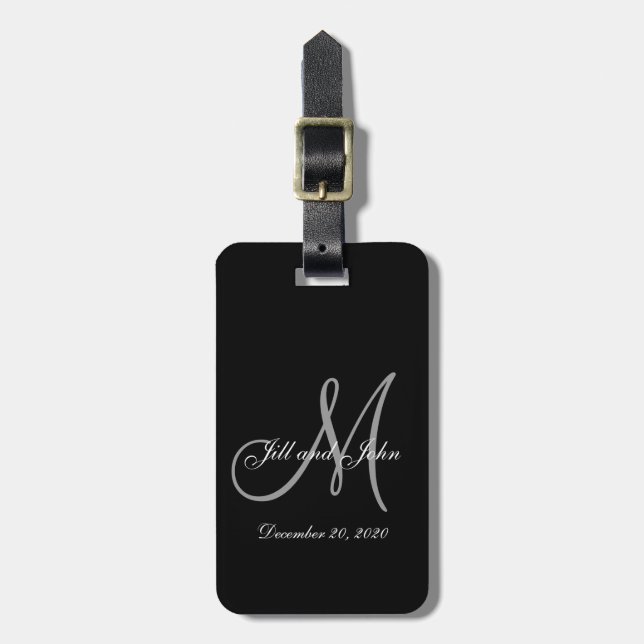 Étiquette À Bagage Mariage de monogramme élégant en gris noir (Devant Vertical)