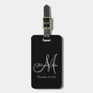 Étiquette À Bagage Mariage de monogramme noir gris