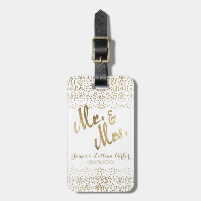 Étiquette À Bagage Mariage M. et Mme Monogramme Faux Or (Devant Vertical)