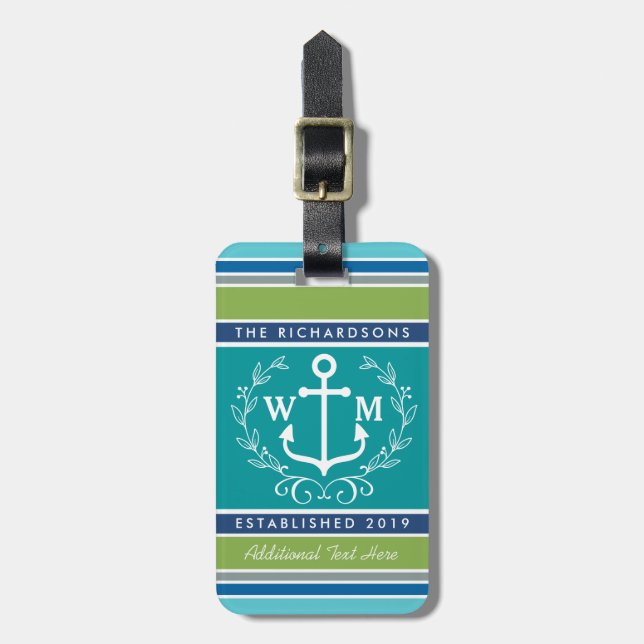 Étiquette À Bagage Mariage Monogram Ancre Laurel Wreath Aqua Stripes (Devant Vertical)