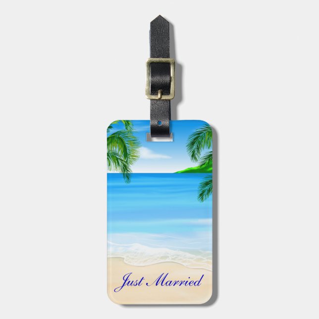 Étiquette À Bagage Mariage Tropical De Plage Juste Marié (Devant Vertical)