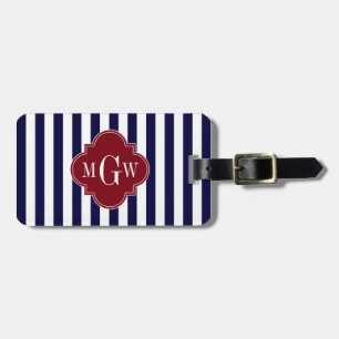 Étiquette À Bagage Marine Blancs Burgundy Quatrefoil 3 Monogramme