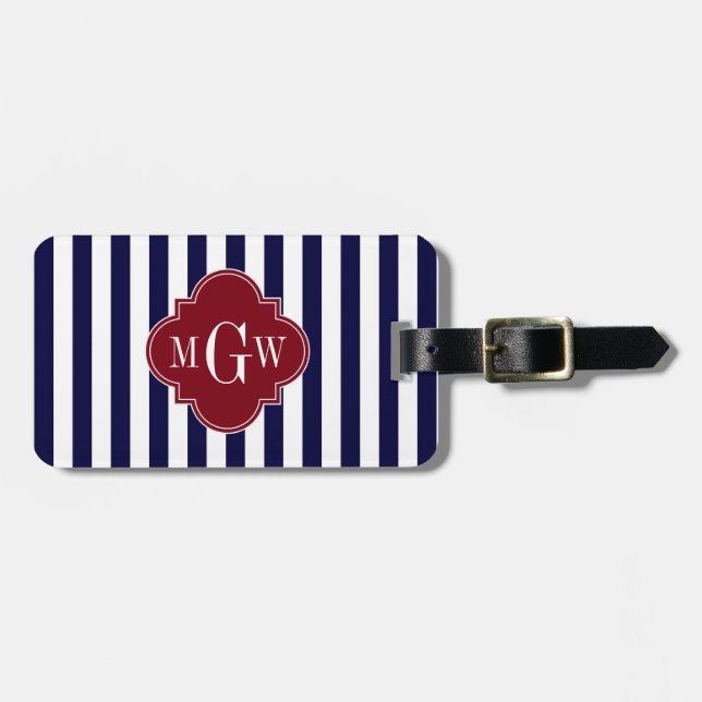 Étiquette À Bagage Marine Blancs Burgundy Quatrefoil 3 Monogramme (Devant horizontal)