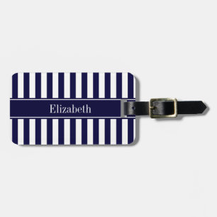 Étiquette À Bagage Marine Blancs Marine Bleu Ruban Nom Monogramme