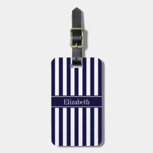 Étiquette À Bagage Marine Blancs Marine Bleu Ruban Nom Monogramme