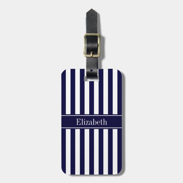 Étiquette À Bagage Marine Blancs Marine Bleu Ruban Nom Monogramme (Devant Vertical)