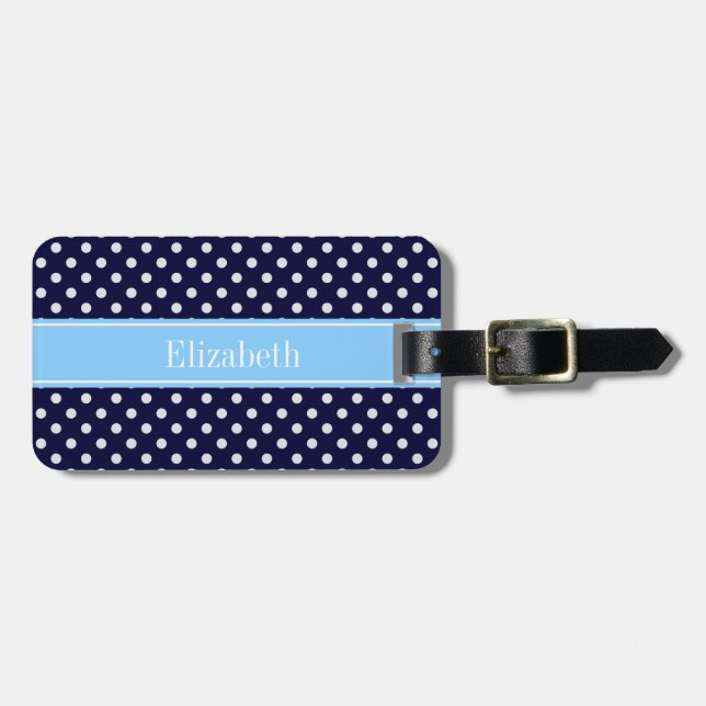 Étiquette À Bagage Marine Bleu Blanc Pois Ciel Bleu Nom Monogramme (Devant horizontal)