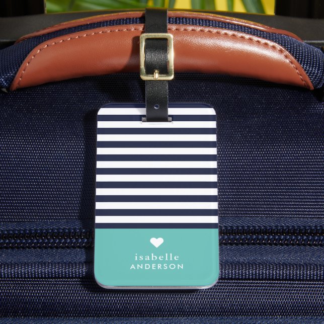 Étiquette À Bagage Marine Bleu et Aqua Chic Stripes Coeur Monogramme (Insitu Rectoal 2)