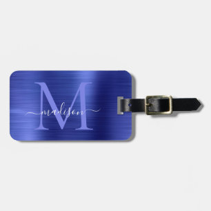 Étiquette À Bagage Marine Bleu Métal Brossé Fille Script Monogramme m
