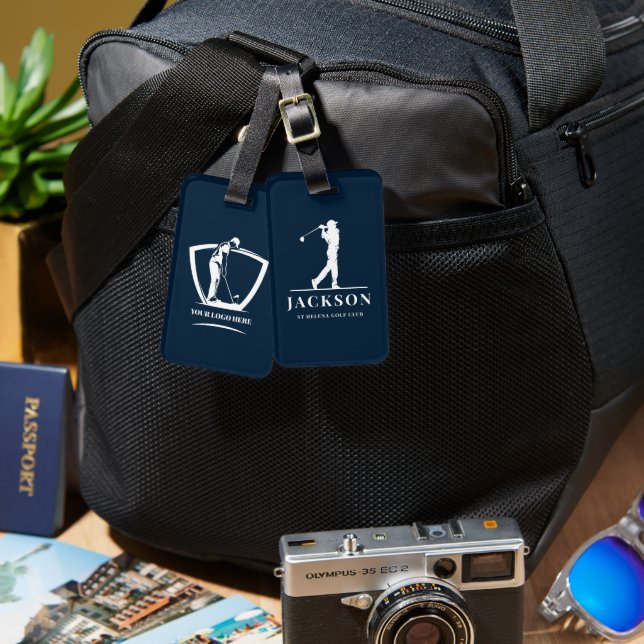 Étiquette À Bagage Marine bleu Personnalisé Monogramme Golfer (Recto & Verso)