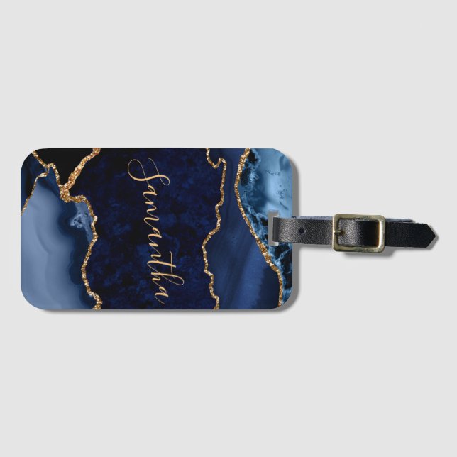 Étiquette À Bagage Marine Blue et Faux Gold Parties scintillant marbr (Devant Horizontal)