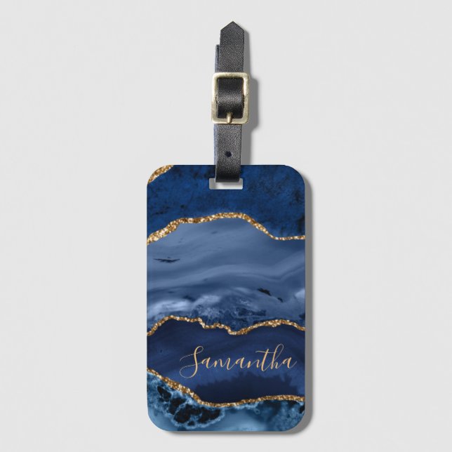 Étiquette À Bagage Marine Blue et Faux Gold Parties scintillant marbr (Devant Vertical)