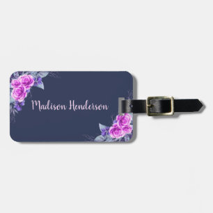 Étiquette À Bagage Marine Blue Floral Élégant Nom personnalisé