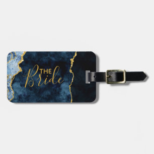 Étiquette À Bagage Marine Blue & Gold Foil Agate Marbre la mariée