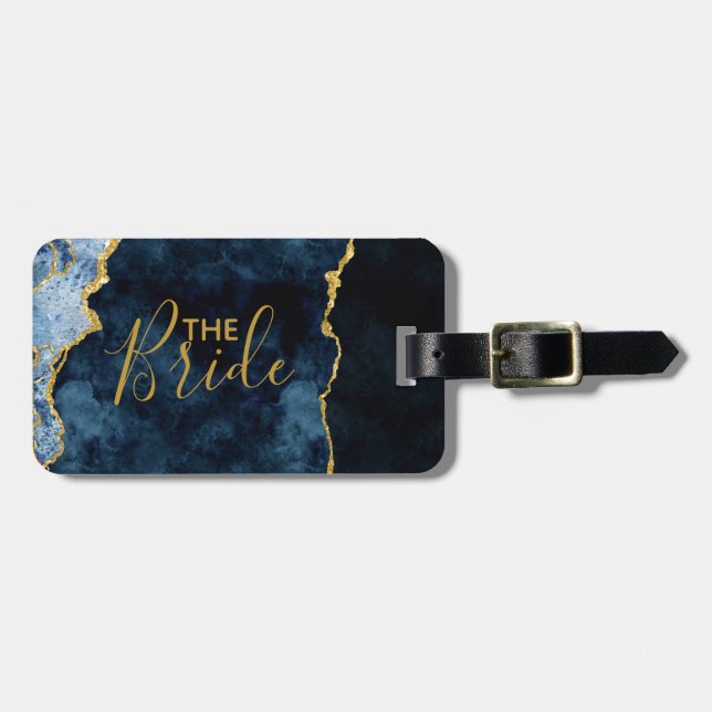 Étiquette À Bagage Marine Blue & Gold Foil Agate Marbre la mariée (Devant horizontal)