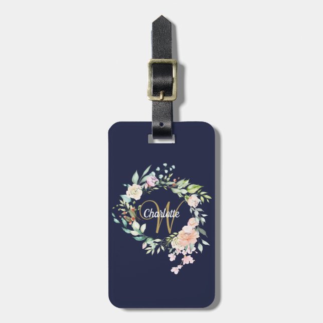 Étiquette À Bagage Marine Blue Gold Script Monogramme Floral Roses (Devant Vertical)