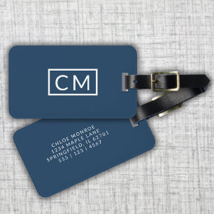 Étiquette À Bagage Marine Blue Moderne Monogramme Initiales simples