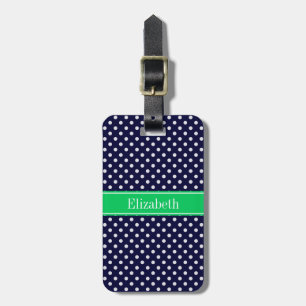 Étiquette À Bagage Marine Blue Wt Polka Dot Emerald Nom vert Monogram
