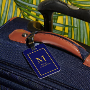 Étiquette À Bagage Marine Personnaliser Bleue Il Or Monogramme & Nom