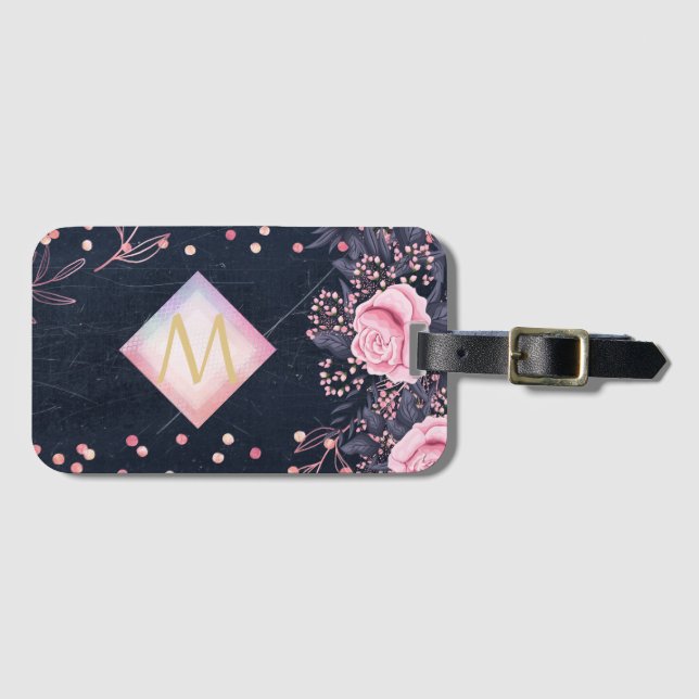 Étiquette À Bagage Marine Rosegold Cadeaux Monogramme Girl Floral Ros (Devant Horizontal)
