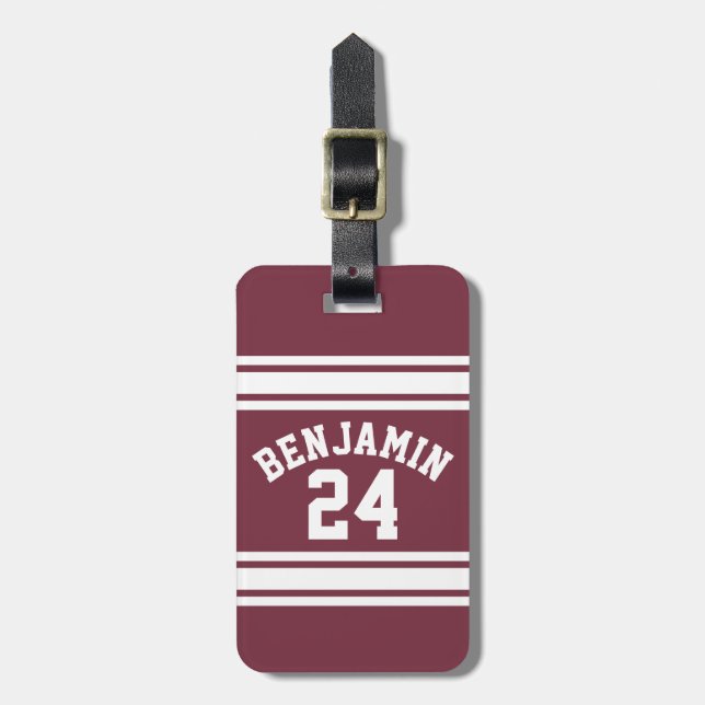 Étiquette À Bagage Maroon and White Jersey Stripes Nom personnalisé N (Devant Vertical)