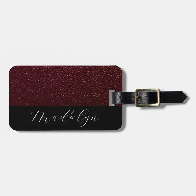 Étiquette À Bagage Maroon Leather Texture Script Nom de calligraphie (Devant horizontal)