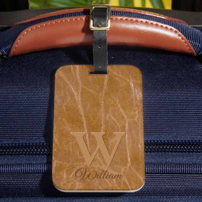 Étiquette À Bagage Marron chêne moyen texture cuir vache monogrammé (Insitu Rectoal 2)