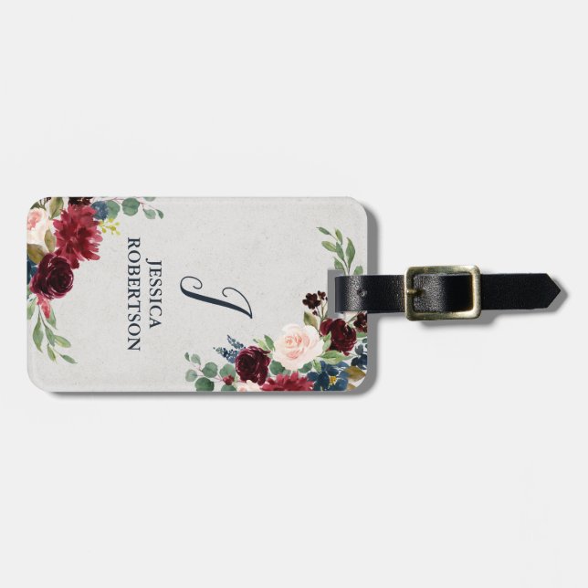Étiquette À Bagage Marsala & Marine Floral Shabby Chic Monogramme Per (Devant horizontal)