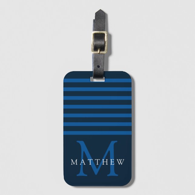 Étiquette À Bagage Masculine de monogramme de bande bleue marine (Devant Vertical)