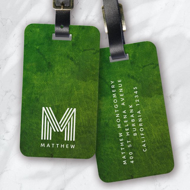 Étiquette À Bagage Masculine en cuir vert gras monogramme (Créateur téléchargé)