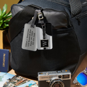 Étiquette À Bagage Masculine Métal Argent Monogramme Style Exécutif