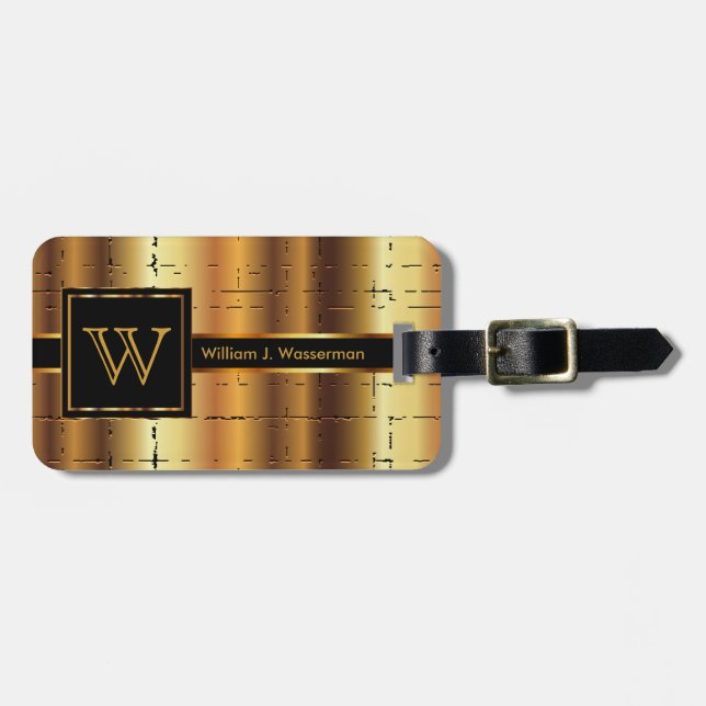 Étiquette À Bagage Masculine Monogramme Style Exécutif - Métal Or (Devant horizontal)