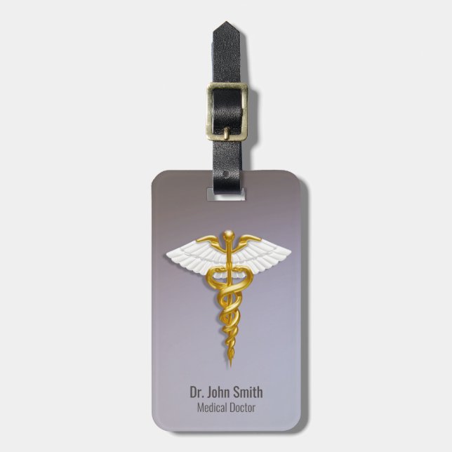 Étiquette À Bagage Médicale Elegant Gold Caduceus ailes blanches (Devant Vertical)