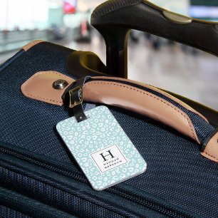 Étiquette À Bagage Menthe   Monogramme Empreinte de léopard pastel